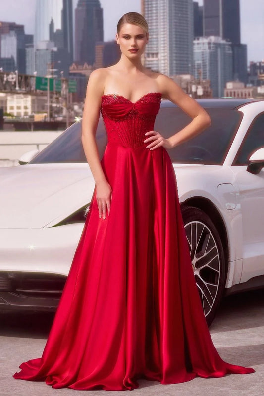 Loverlm red strapless sweetheart embellished satin A-line prom dress front view