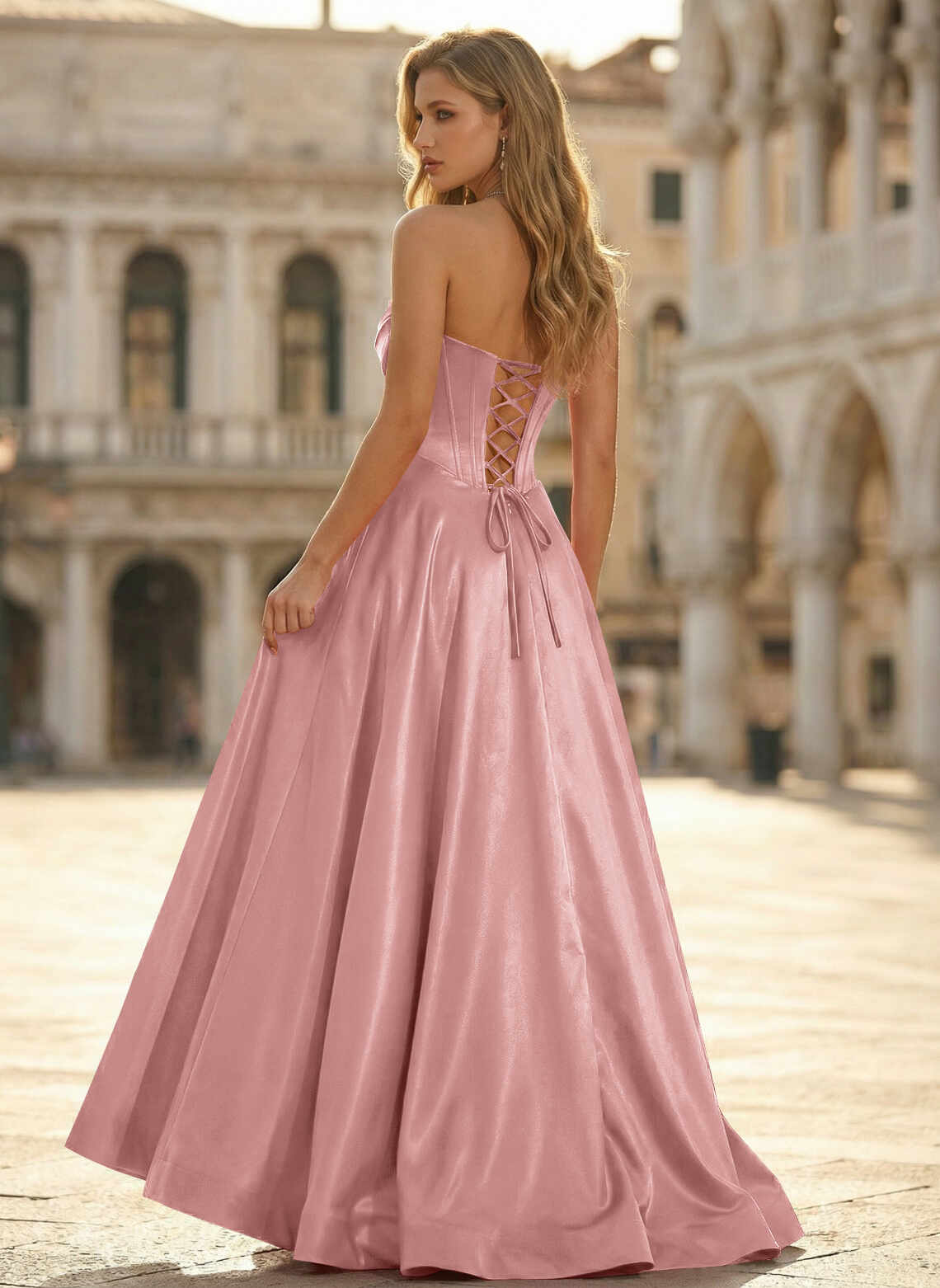 Glamorous A Line Sweetheart Strapless Satin Floor Length Prom Dress