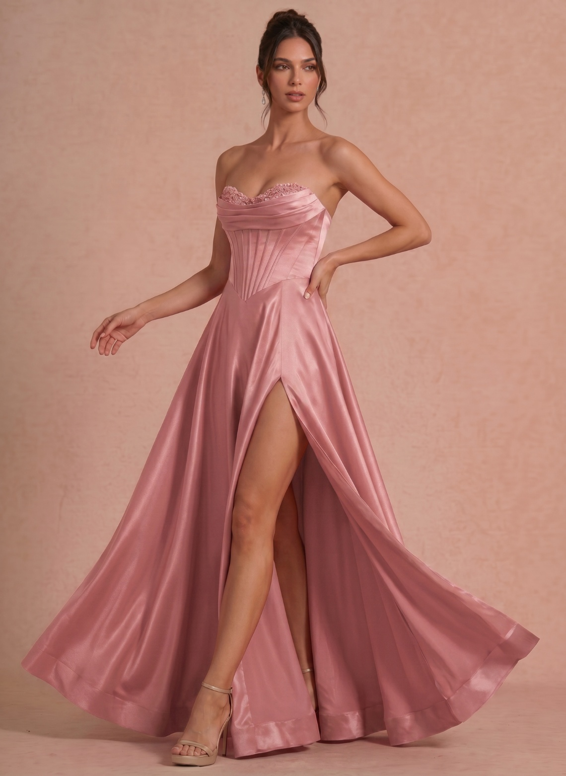 Glamorous A Line Sweetheart Strapless Satin Floor Length Prom Dress