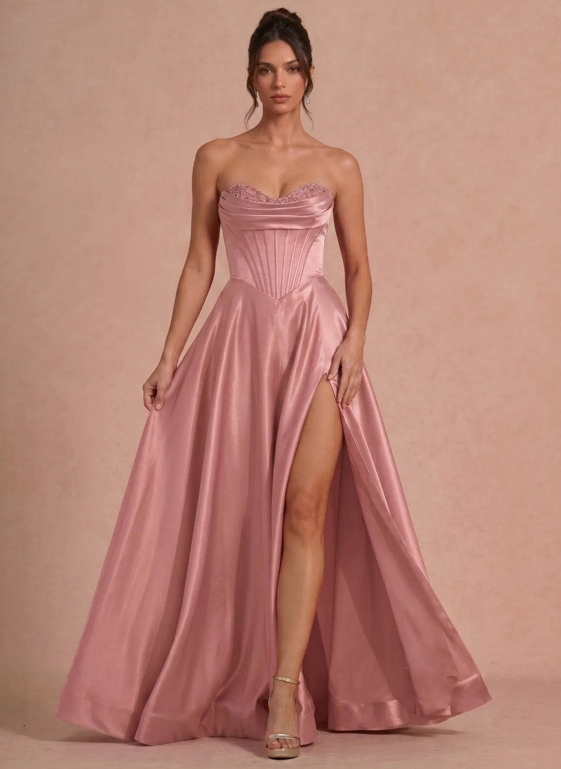 Glamorous A Line Sweetheart Strapless Satin Floor Length Prom Dress