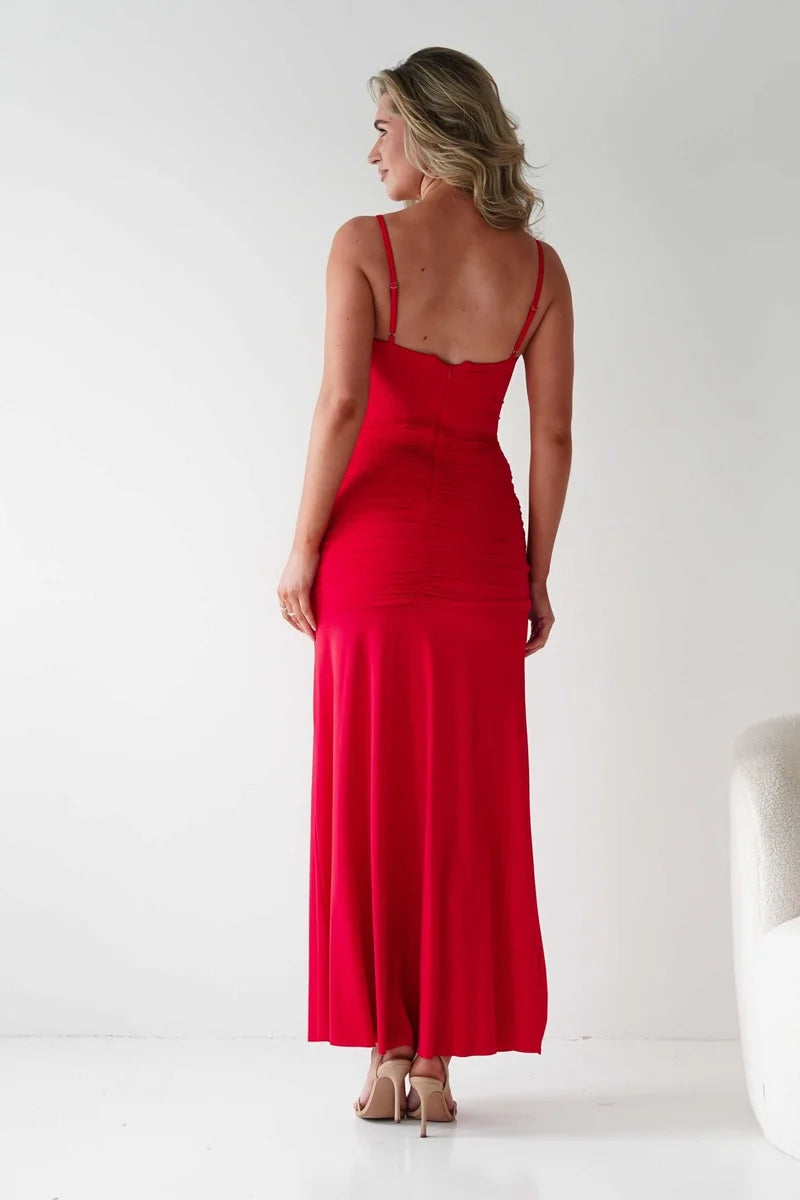 Elegant Bodycon Sweetheart Spaghetti Strap Zipper Ruffle Maxi Wedding Guest Dress