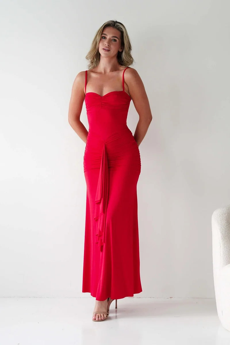 Loverlm red bodycon maxi wedding guest dress with sweetheart neckline, spaghetti straps, ruched bodice and cascading front ruffles front view