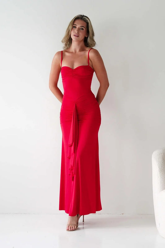 Loverlm red bodycon maxi wedding guest dress with sweetheart neckline, spaghetti straps, ruched bodice and cascading front ruffles front view
