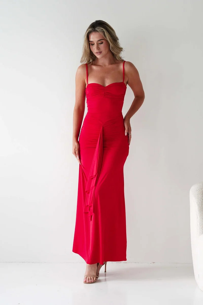 Elegant Bodycon Sweetheart Spaghetti Strap Zipper Ruffle Maxi Wedding Guest Dress