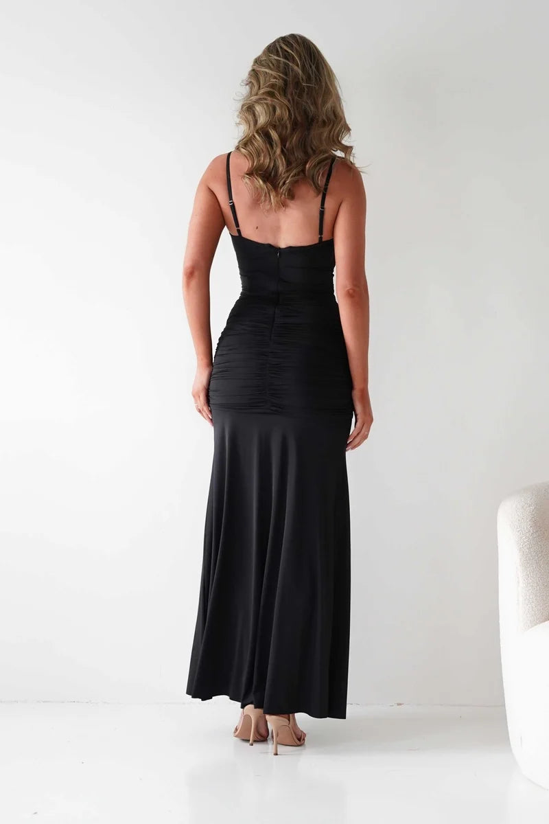Elegant Bodycon Sweetheart Spaghetti Strap Zipper Ruffle Maxi Wedding Guest Dress