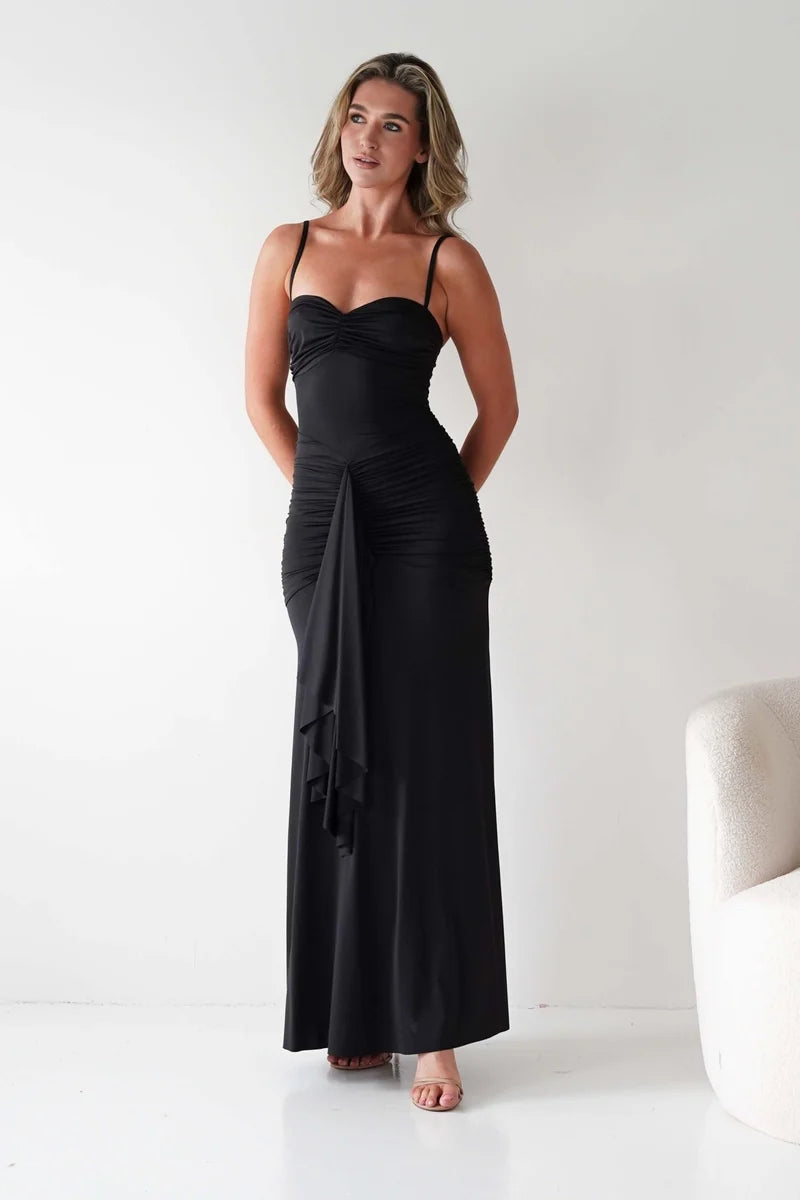 Elegant Bodycon Sweetheart Spaghetti Strap Zipper Ruffle Maxi Wedding Guest Dress