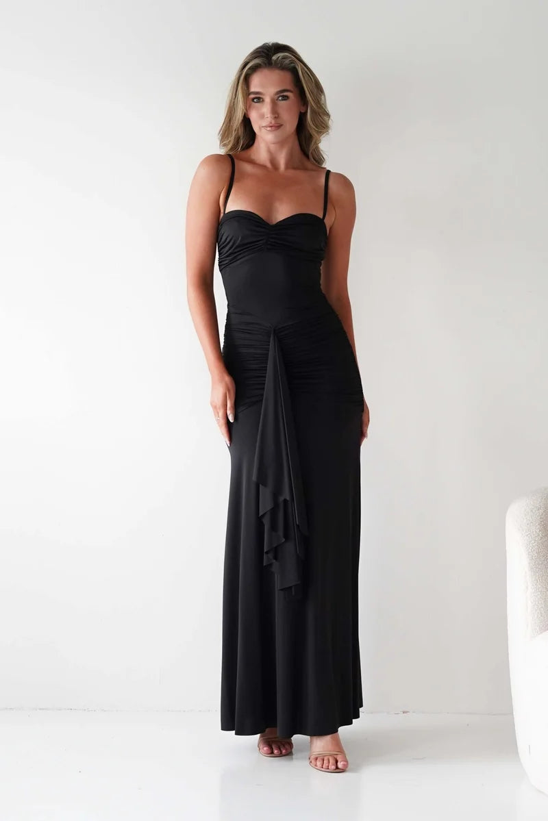 Elegant Bodycon Sweetheart Spaghetti Strap Zipper Ruffle Maxi Wedding Guest Dress