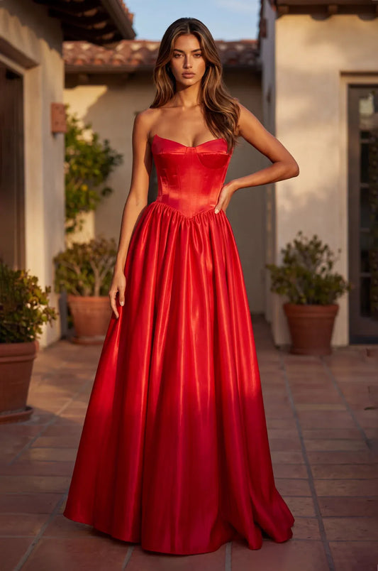 Loverlm red sweetheart strapless satin A-line prom dress front