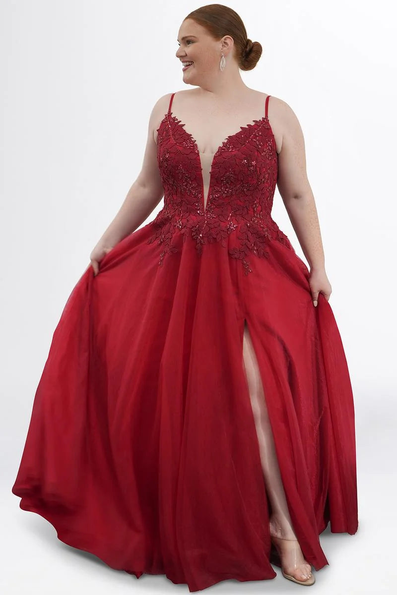 Elegant Plus Size A Line Plunging V Neck Sleeveless Tulle Prom Dress