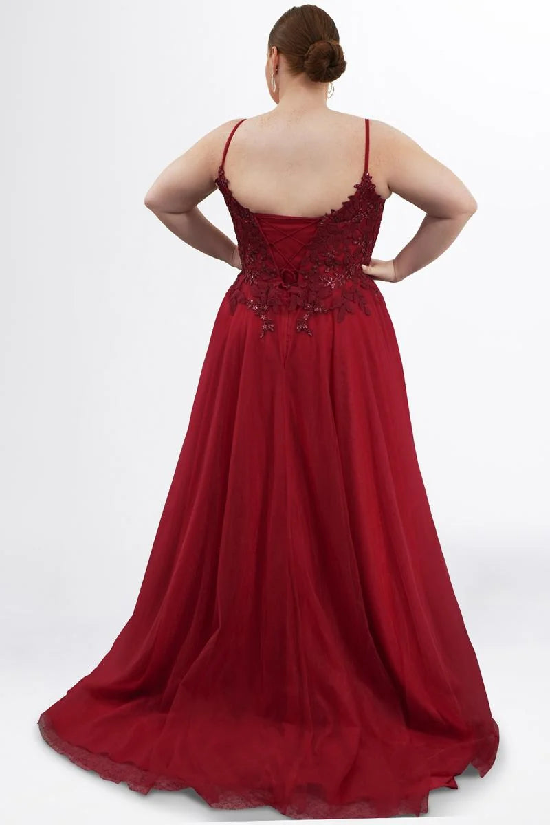 Elegant Plus Size A Line Plunging V Neck Sleeveless Tulle Prom Dress
