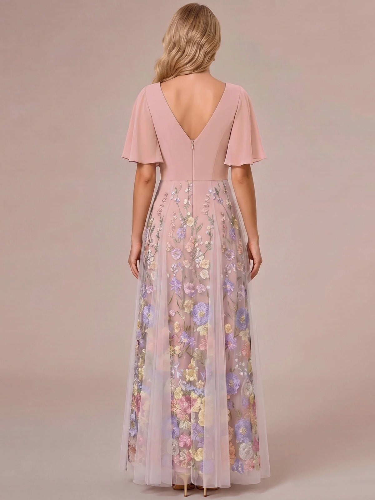 Romantic A-Line V-Neck Flutter-Sleeve V-Back Maxi Wedding Guest Dress