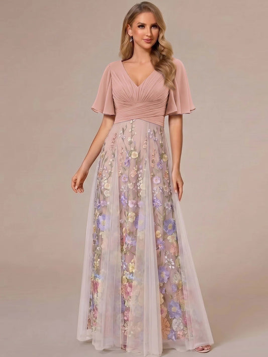 Loverlm romantic blush A-line wedding guest dress with V-neck ruched bodice flutter sleeves and floral embroidered maxi skirt