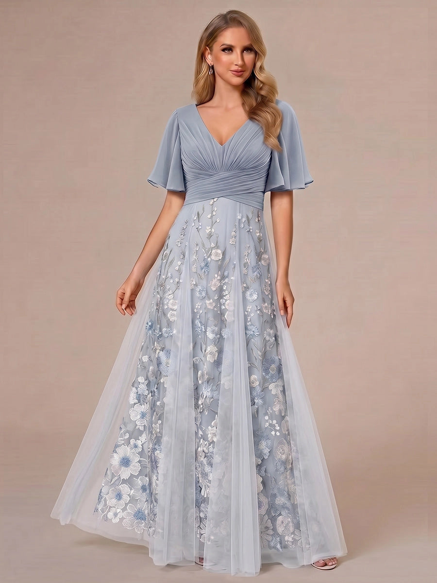 Romantic A-Line V-Neck Flutter-Sleeve V-Back Maxi Wedding Guest Dress