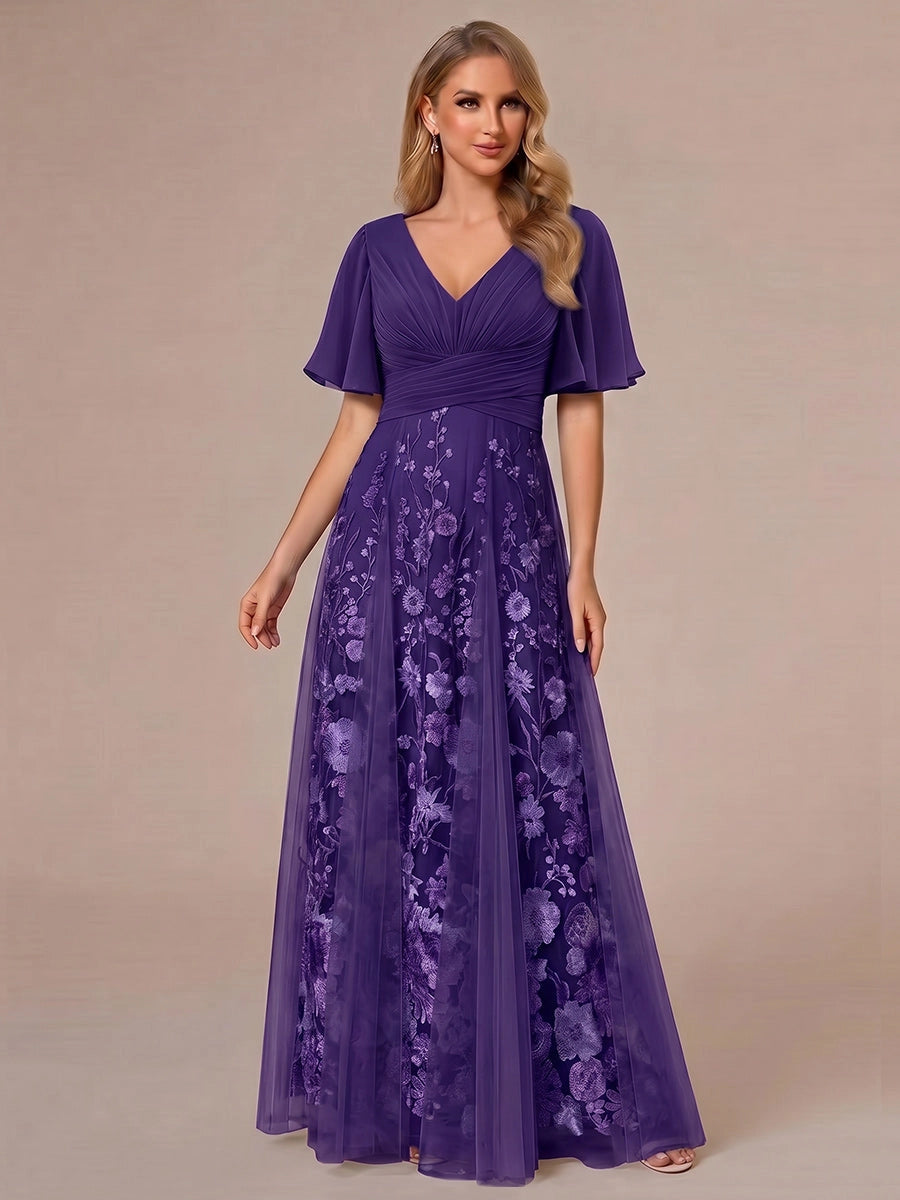 Romantic A-Line V-Neck Flutter-Sleeve V-Back Maxi Wedding Guest Dress