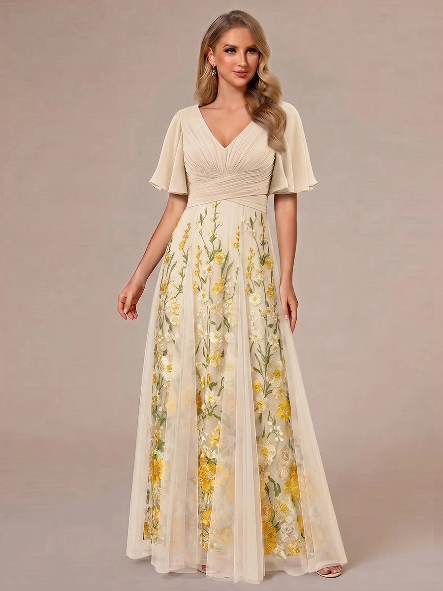 Romantic A-Line V-Neck Flutter-Sleeve V-Back Maxi Wedding Guest Dress