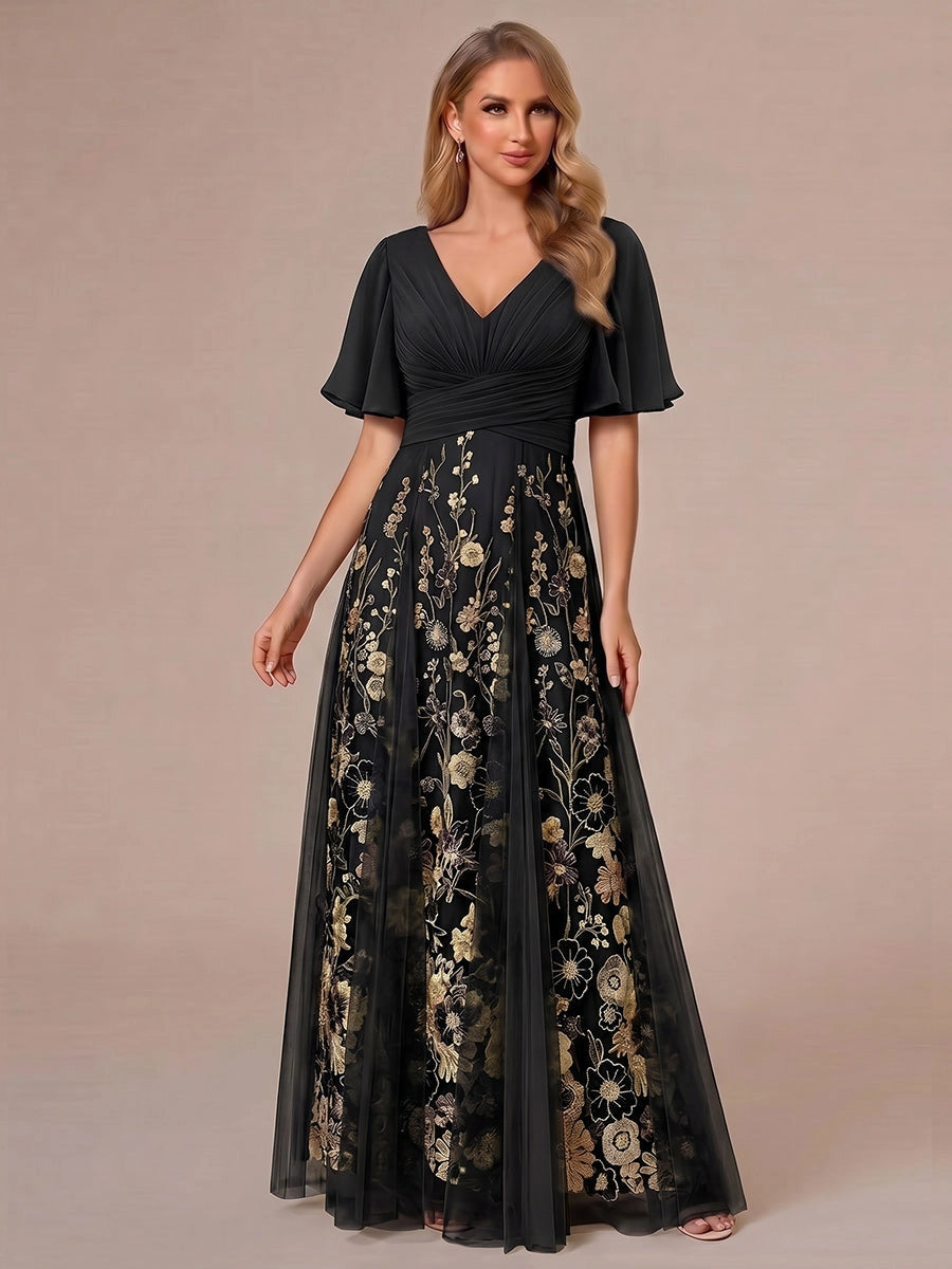 Romantic A-Line V-Neck Flutter-Sleeve V-Back Maxi Wedding Guest Dress