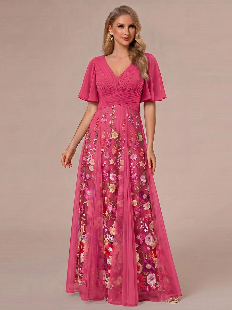 Romantic A-Line V-Neck Flutter-Sleeve V-Back Maxi Wedding Guest Dress