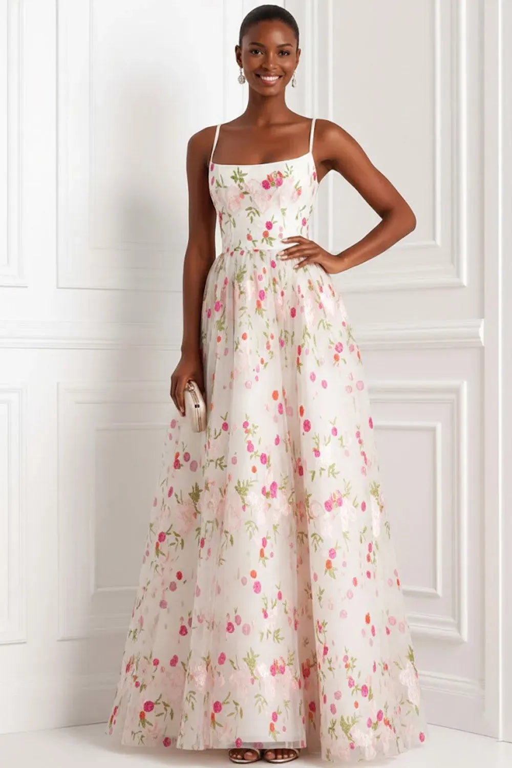 Loverlm floral A-line prom dress with square neckline, spaghetti straps, fitted waist, and floor-length skirt, front view