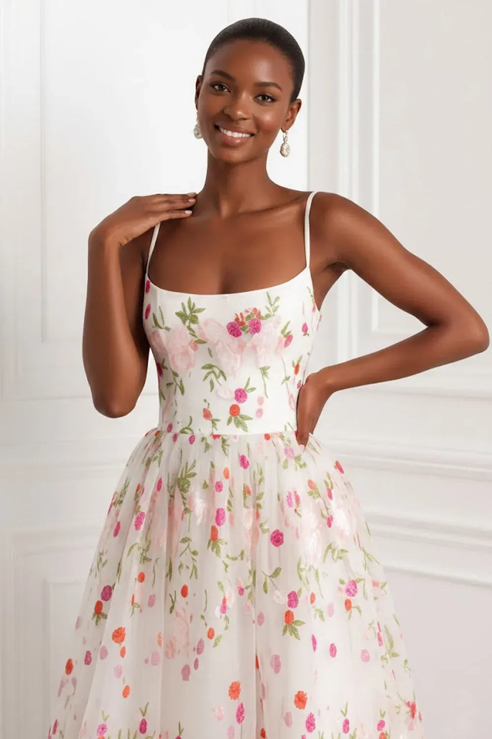 Romantic Floral A-Line Square Neck Spaghetti Straps Zip Back Maxi Prom Dress
