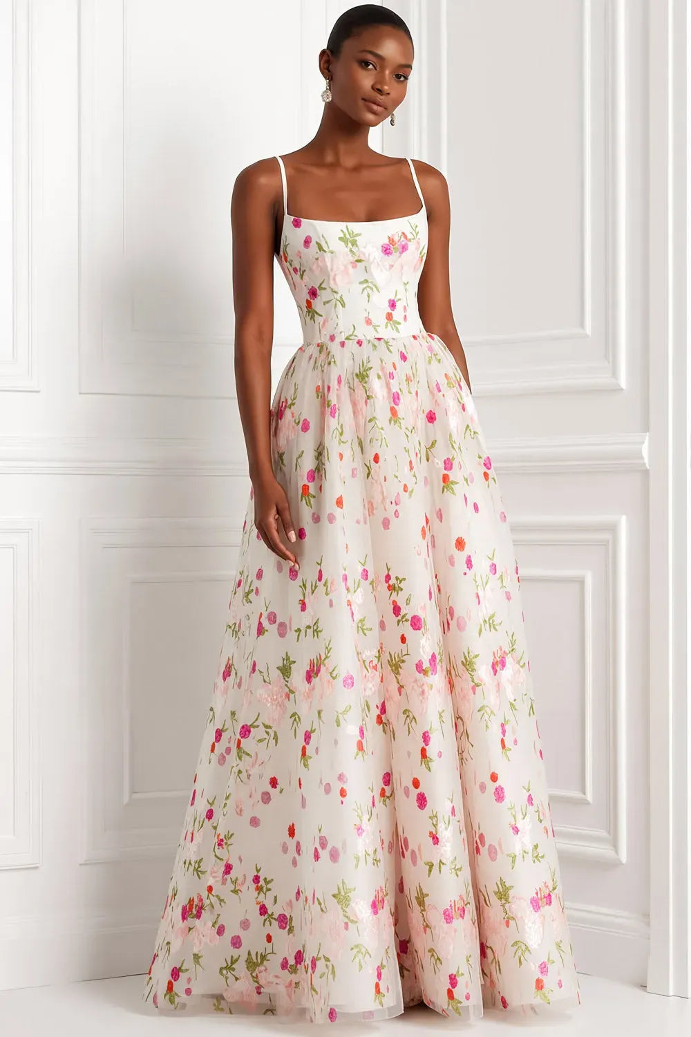 Romantic Floral A-Line Square Neck Spaghetti Straps Zip Back Maxi Prom Dress