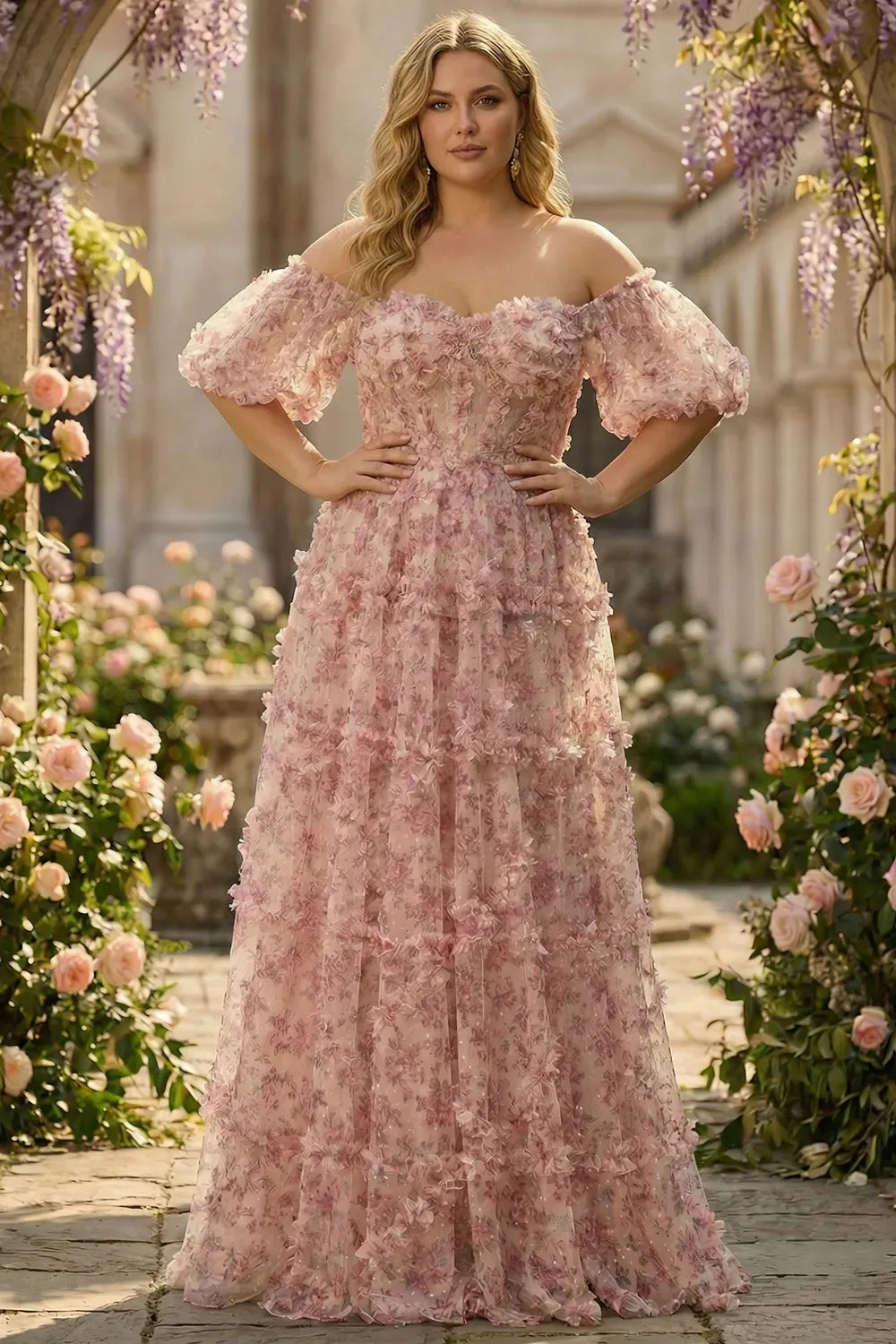 Loverlm blush pink plus size off-shoulder floral wedding guest dress with puff sleeves and floor-length A-line skirt front view