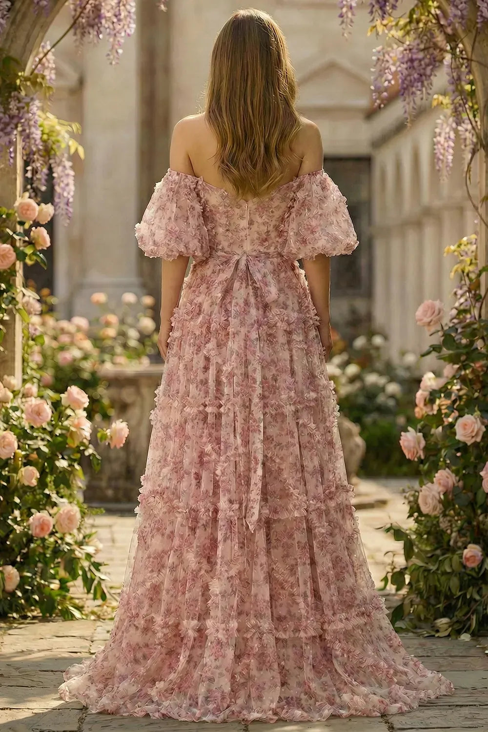 Romantic Plus Size A-Line Off-Shoulder Puff Sleeve V-Back Floor-Length Wedding Guest Dress