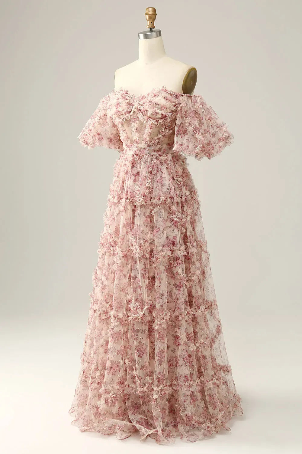 Romantic Plus Size A-Line Off-Shoulder Puff Sleeve V-Back Floor-Length Wedding Guest Dress