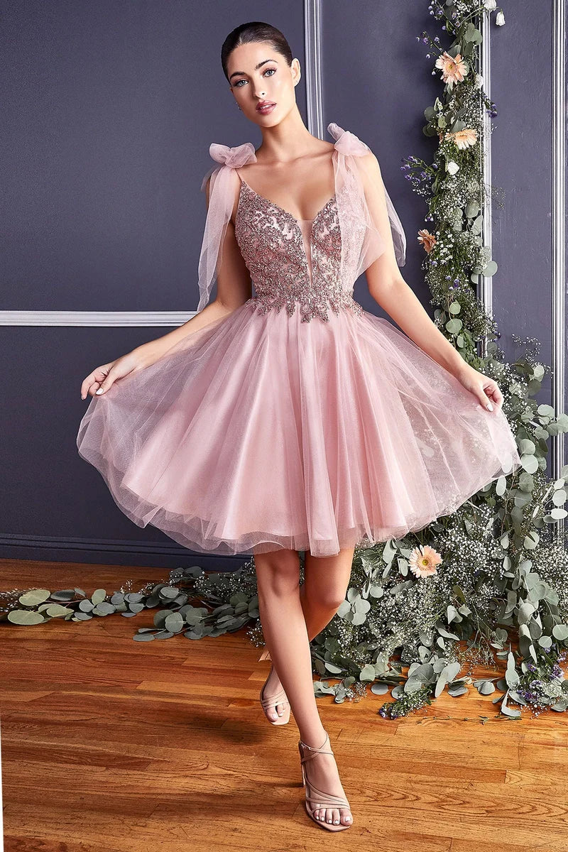 Loverlm rose gold embellished V-neck tulle mini homecoming dress front view
