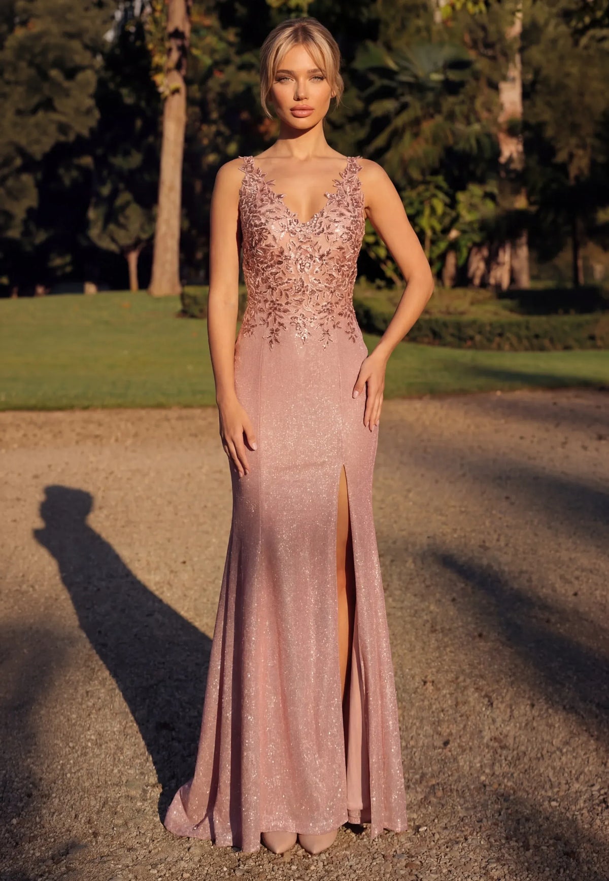 Loverlm rose gold V-neck lace mermaid slit floor-length Evening Dress front