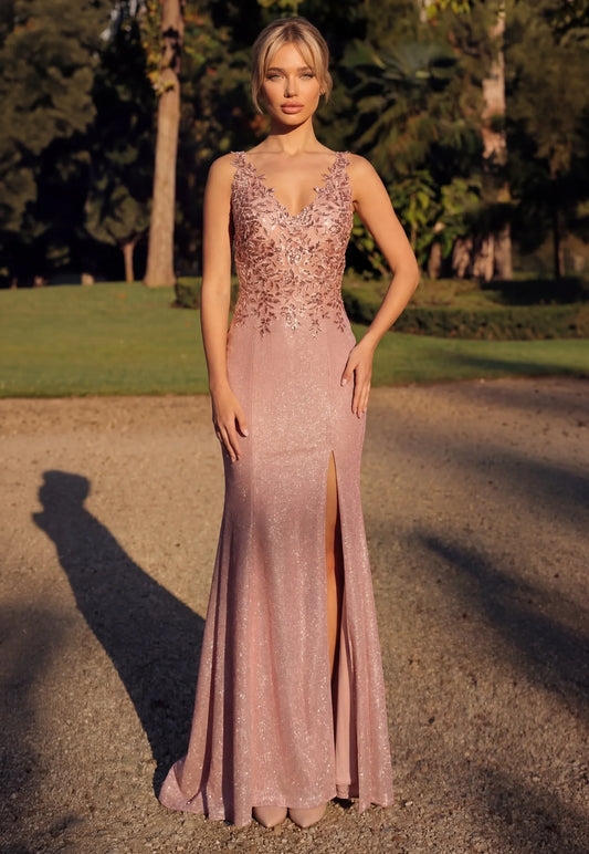 Loverlm rose gold V-neck lace mermaid slit floor-length Evening Dress front