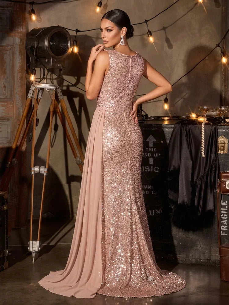 Glamorous Sheath Bateau Neck Sleeveless Sequin Floor-Length Evening Dress