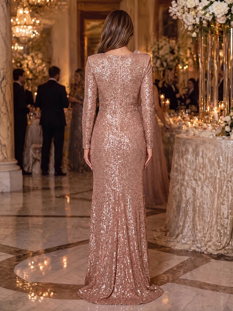 Glamorous Sheath V Neck Long Sleeve Sequin Floor Length Evening Dress