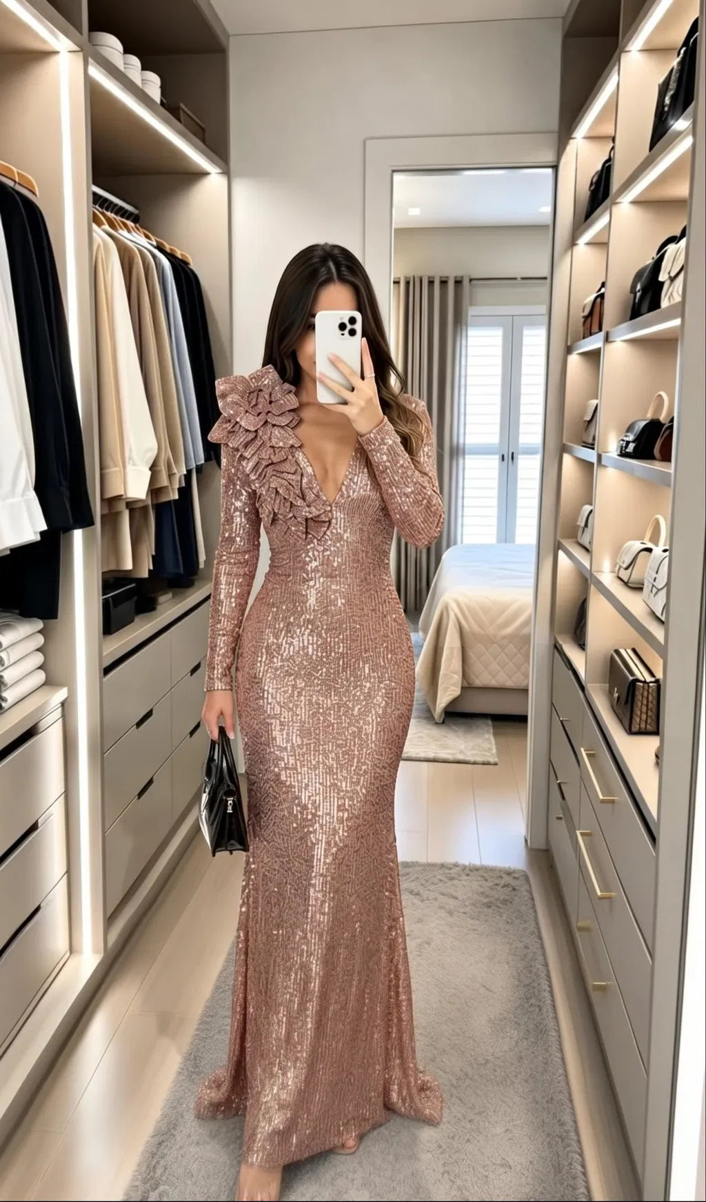 Glamorous Sheath V Neck Long Sleeve Sequin Floor Length Evening Dress