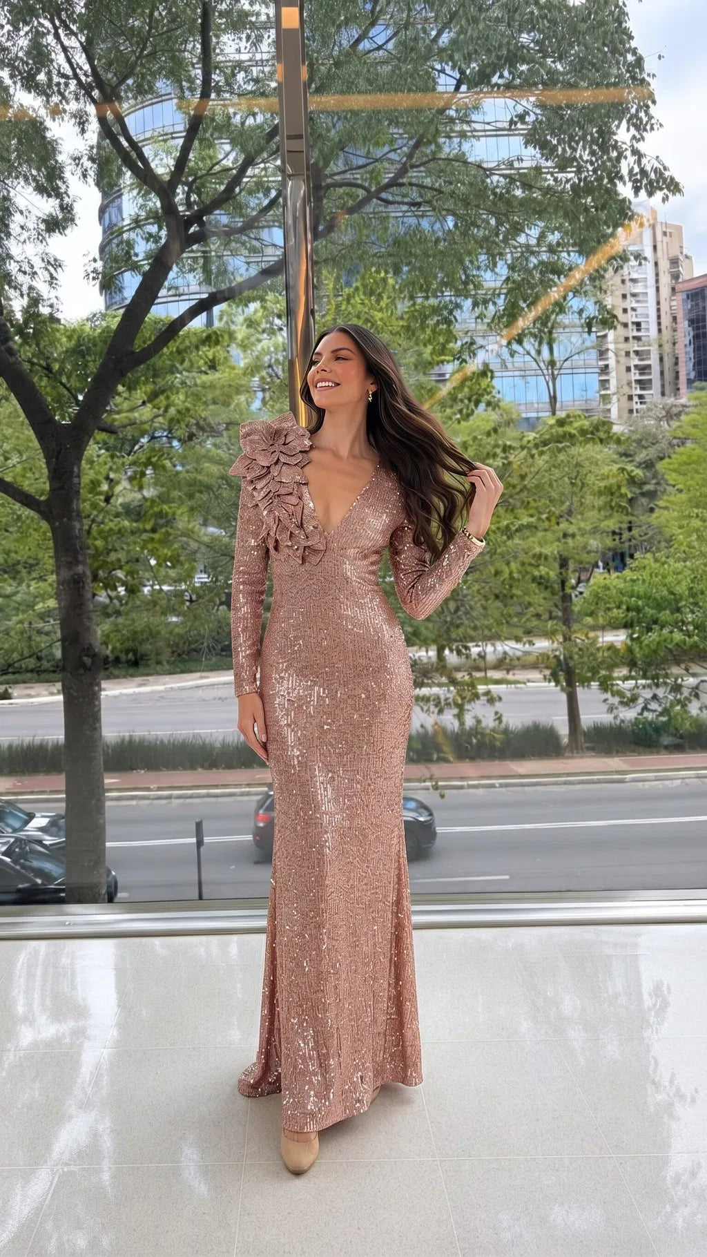 Glamorous Sheath V Neck Long Sleeve Sequin Floor Length Evening Dress