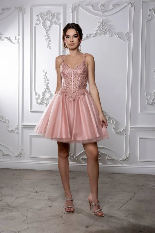 Loverlm rose pink embroidered corset tulle mini homecoming dress front view