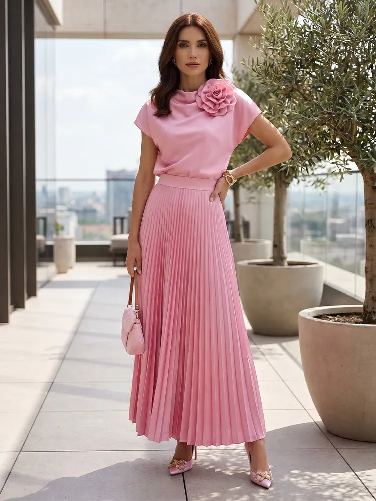 Loverlm rose pink Mother of the Bride dress with draped neckline 3D flower shoulder cap sleeves and pleated ankle-length A-line skirt