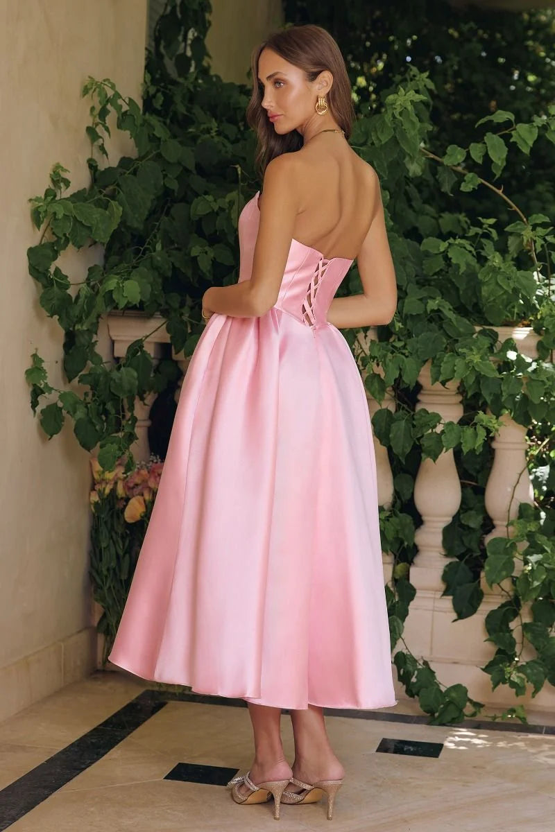 Elegant A-Line Sweetheart Strapless Lace-Up Tea-Length Wedding Guest Dress