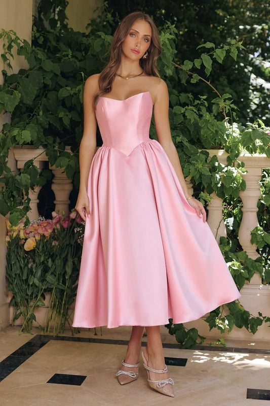 Loverlm rose pink Mikado wedding guest dress with strapless sweetheart neckline pointed waist and tea-length A-line skirt