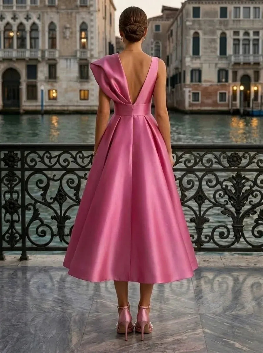 Elegant A-Line Deep V-Neck One Shoulder V-Back High-Low Wedding Guest Dress
