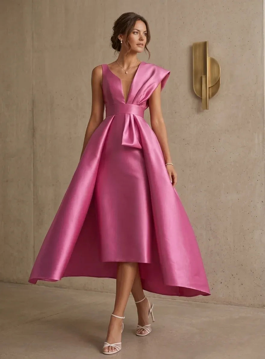 Elegant A-Line Deep V-Neck One Shoulder V-Back High-Low Wedding Guest Dress