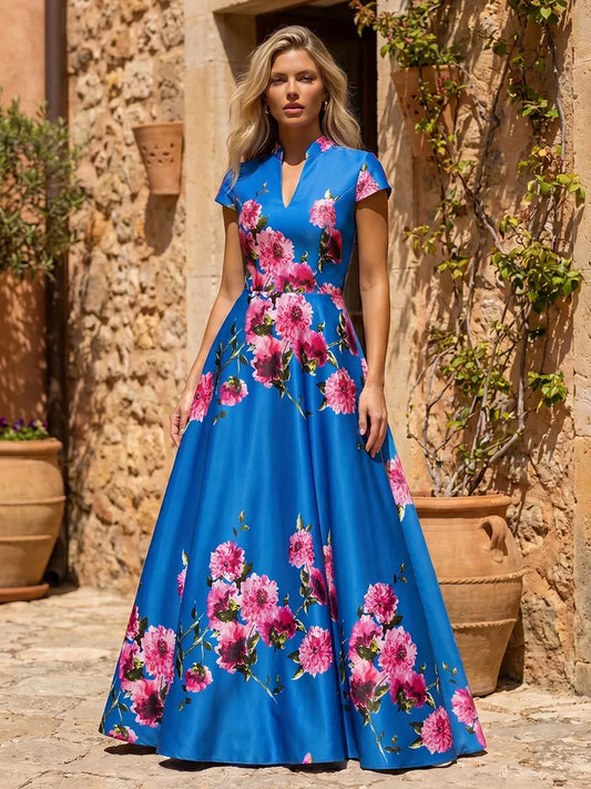 Loverlm royal blue Mother of the Bride dress with mandarin neckline cap sleeves pink floral print and floor-length A-line skirt