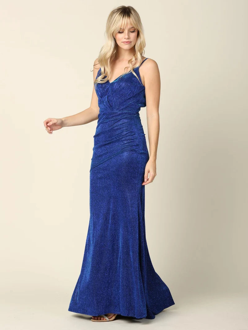 Loverlm royal blue glitter ruched V-neck mermaid prom dress front view