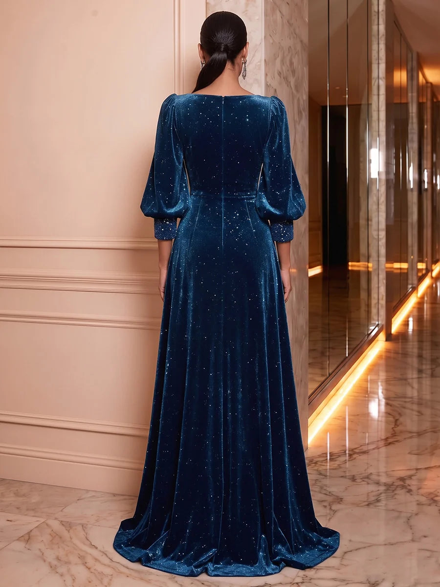 Elegant A Line Square Neck Puff Sleeve Velvet Floor Length Evening Dress