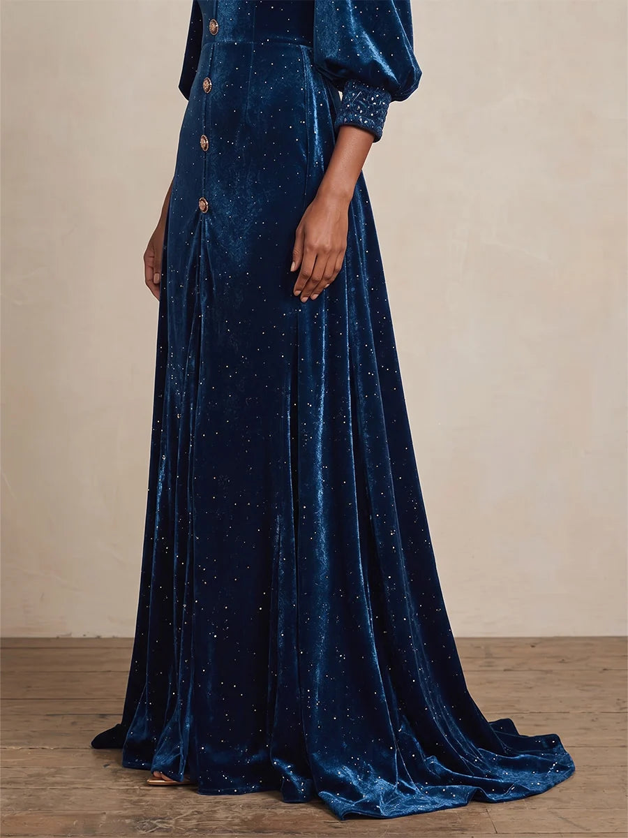Elegant A Line Square Neck Puff Sleeve Velvet Floor Length Evening Dress