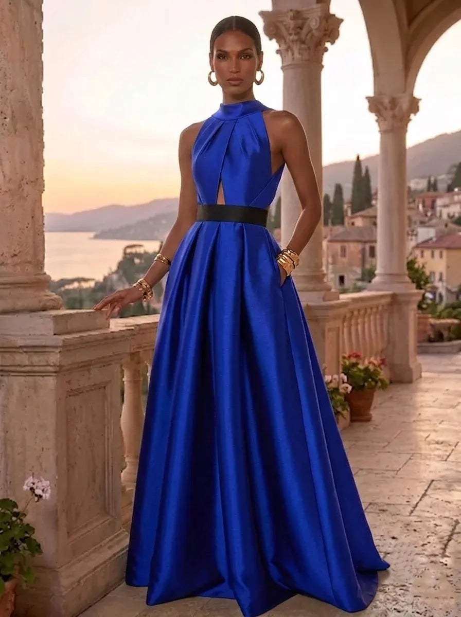 Loverlm royal blue high-neck satin evening dress with front cutout