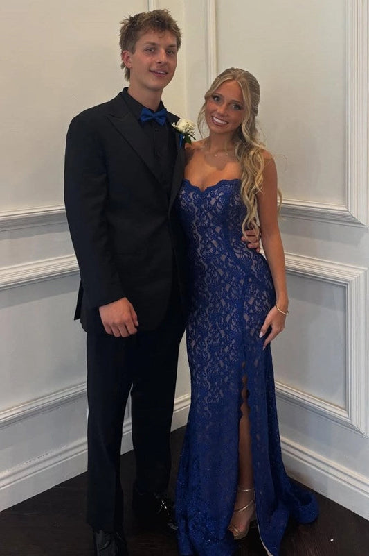 Loverlm royal blue lace mermaid prom dress with sweetheart neckline and delicate spaghetti straps