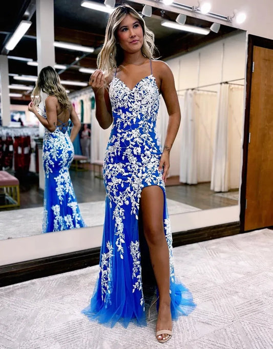Elegant Mermaid V-Neck Sleeveless Lace-Up Back Floor-Length Prom Dress