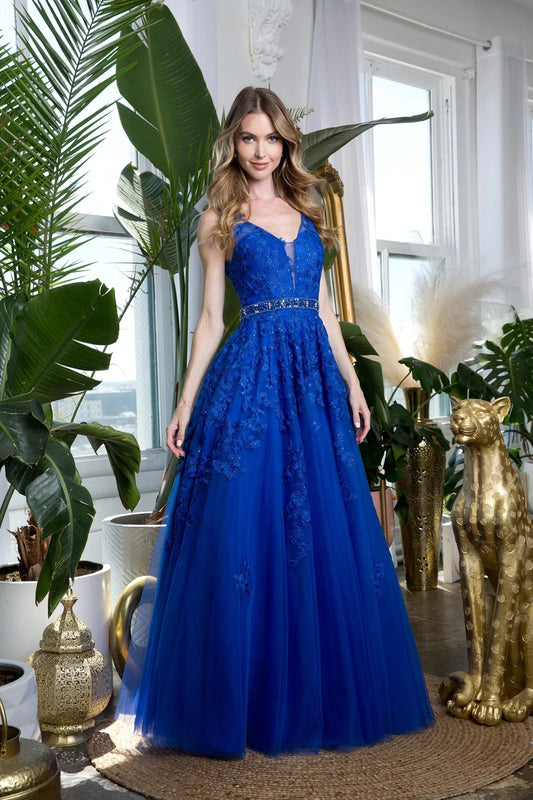 Loverlm royal blue lace A-line V-neck floor-length Prom Dress front view