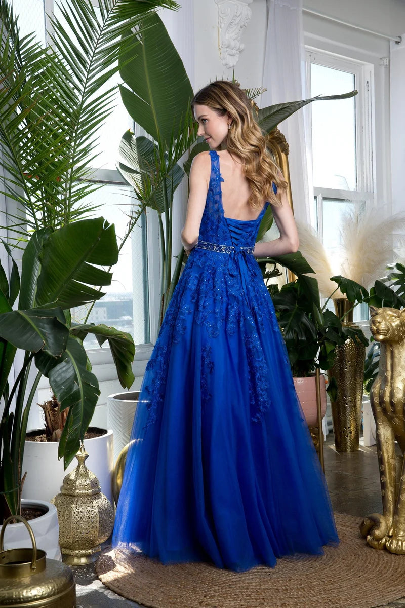 Elegant A-Line V-Neck Sleeveless Corset Back Floor-Length Prom Dress