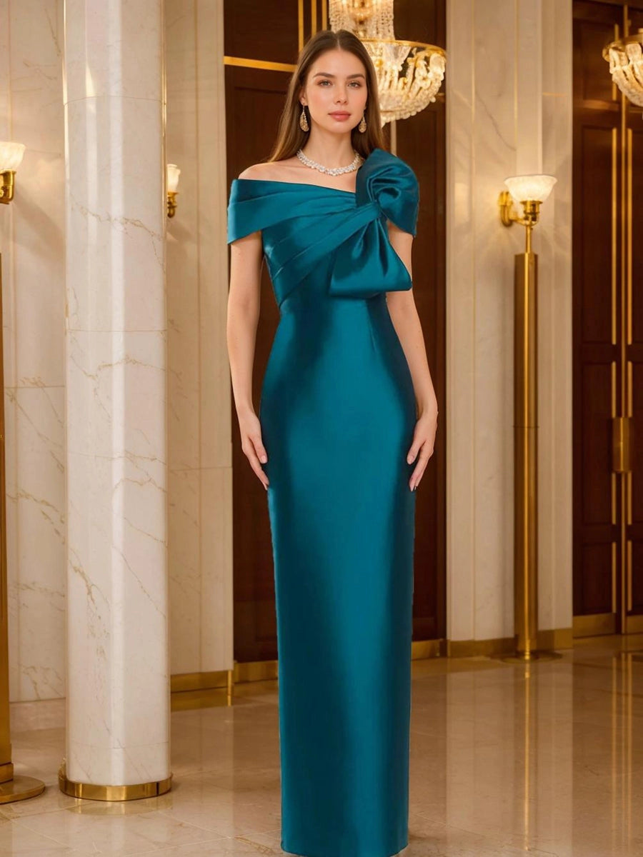 Elegant Sheath Asymmetrical Off Shoulder Short Sleeve Button Back Slit Floor Length Mother of the Bride Dress
